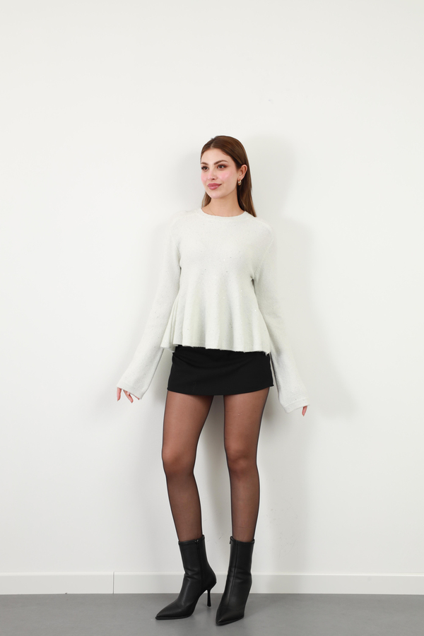 Peplum Pullu Simli Triko Kazak Beyaz