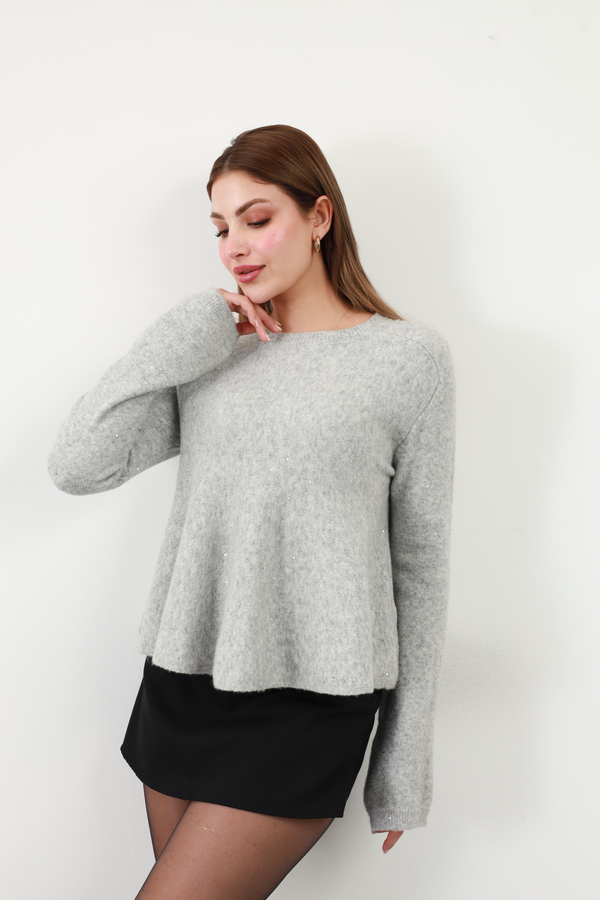 Peplum Pullu Simli Triko Kazak Gri