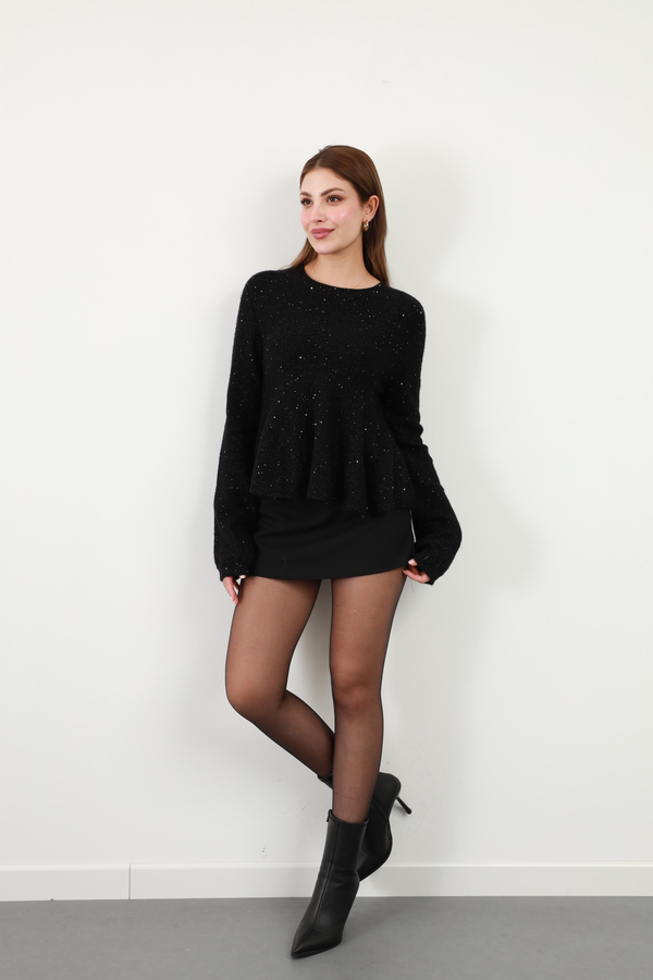 Peplum Pullu Simli Triko Kazak Siyah
