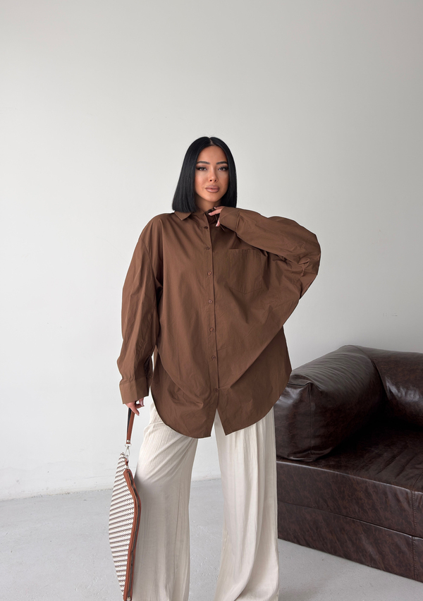 Poplin Oversize Kahverengi Gömlek