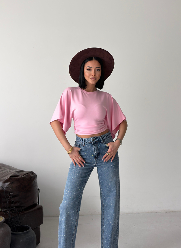 Yan Büzgü Detaylı Yarım Kol Yarasa Kol Pembe Tshirt