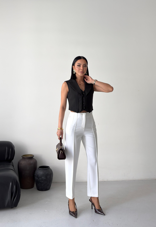 Yırtmaç Detaylı Beyaz Slim Fit Pantolon