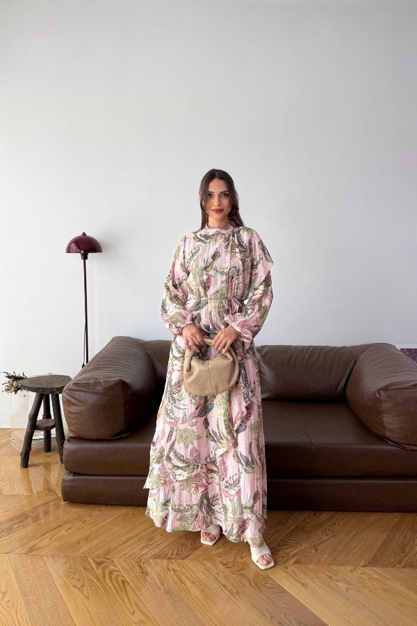 Alvin Model Yaprak Desenli Pembe Elbise