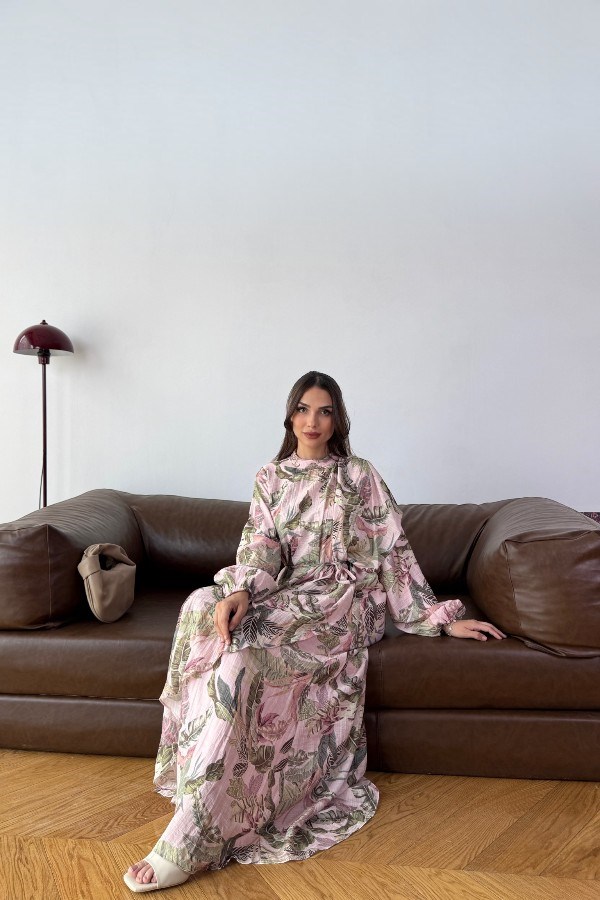 Alvin Model Yaprak Desenli Pembe Elbise