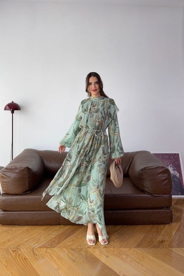 Alvin Model Yaprak Desenli Yeşil Elbise