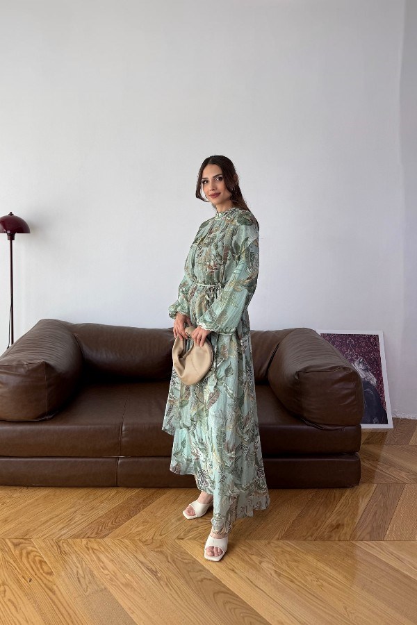 Alvin Model Yaprak Desenli Yeşil Elbise