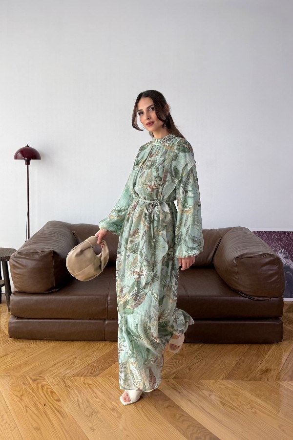 Alvin Model Yaprak Desenli Yeşil Elbise