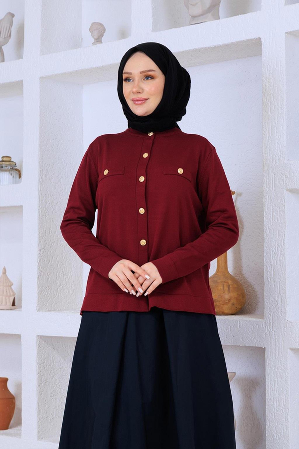 Düğmeli Triko Hırka Bordo