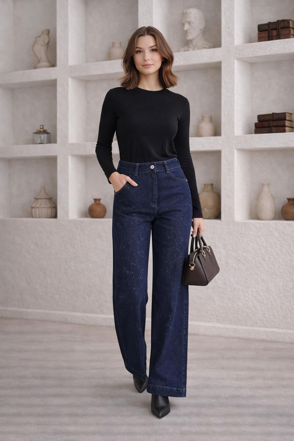Işıltılı Denim Pantolon Lacivert