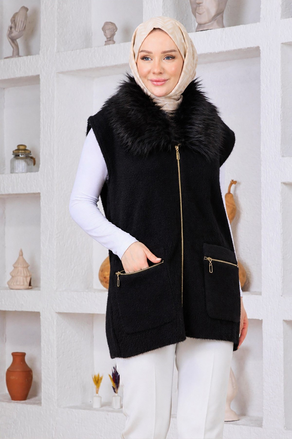 Kürklü Angora Yelek Siyah
