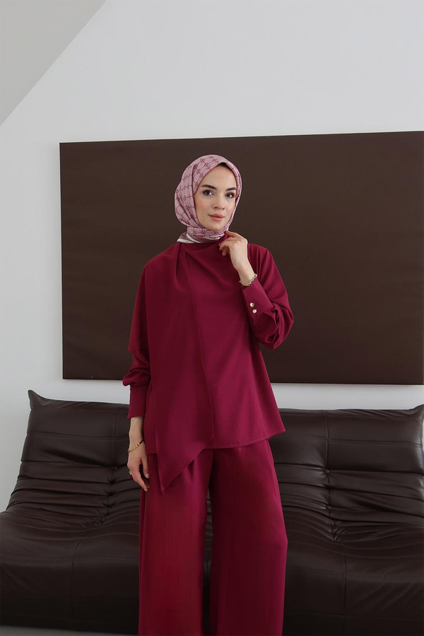 Şal Yaka Pantolon Takım Vişne