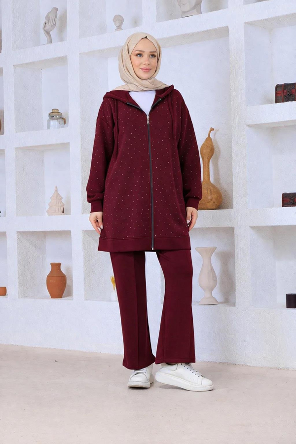 Serpme Taşlı Takım Bordo