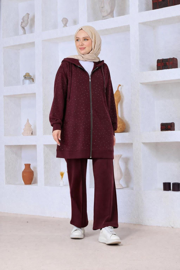 Serpme Taşlı Takım Bordo
