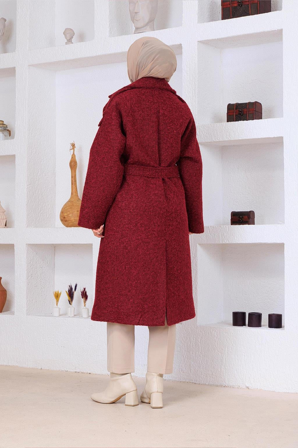 Tüylü Kaşe Kaban Bordo