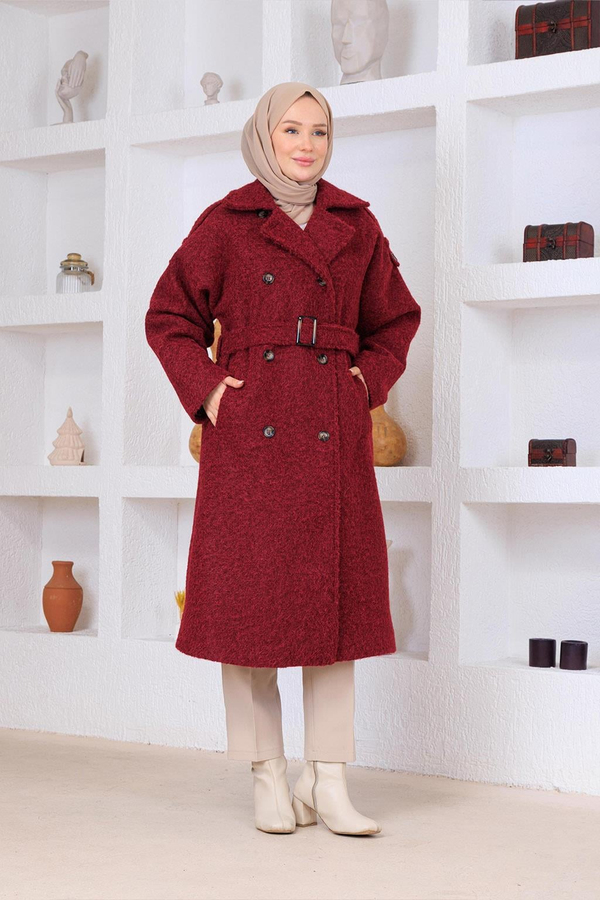 Tüylü Kaşe Kaban Bordo