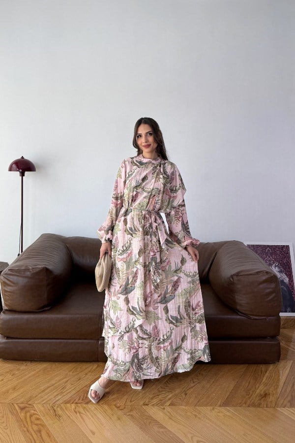 Alvin Model Yaprak Desenli Pembe Elbise