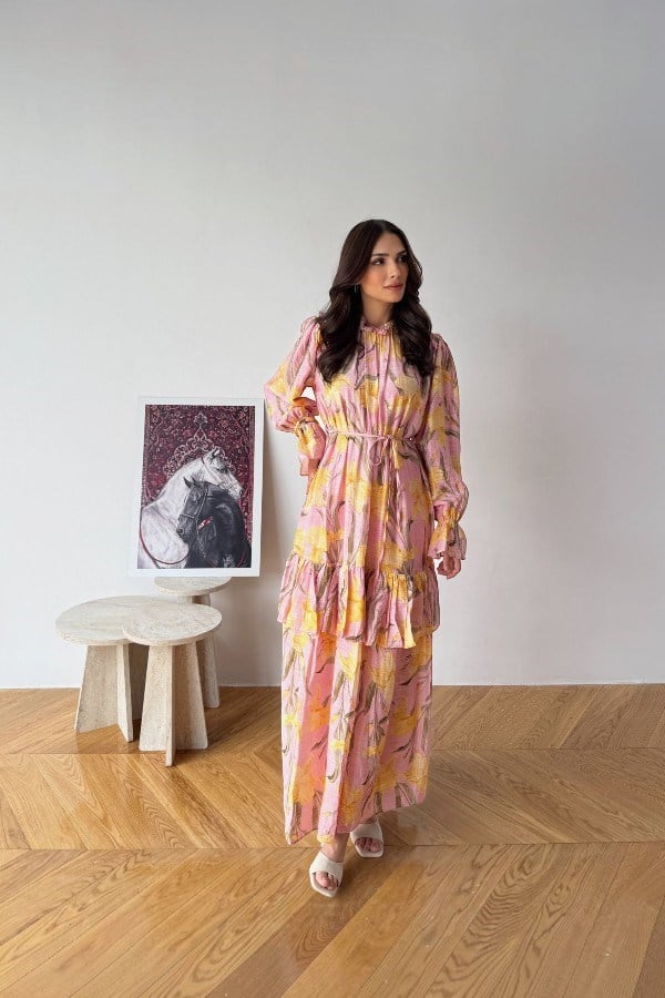 Perry Model Çiçek Desenli Pembe Elbise