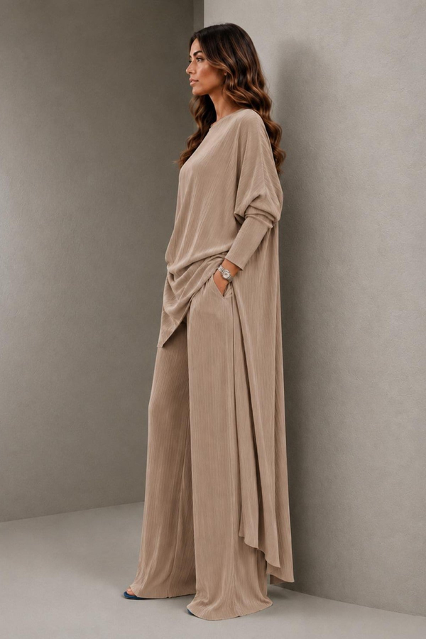 A40066 Aguaje Pilise Detaylı Bağlamalı  Tunik Pantolon Takım / CAMEL
