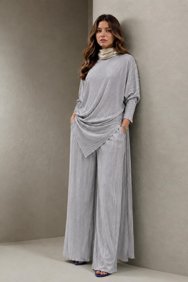 A40066 Aguaje Pilise Detaylı Bağlamalı  Tunik Pantolon Takım / GRİ
