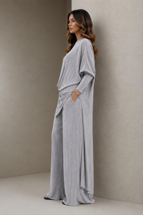 A40066 Aguaje Pilise Detaylı Bağlamalı  Tunik Pantolon Takım / GRİ