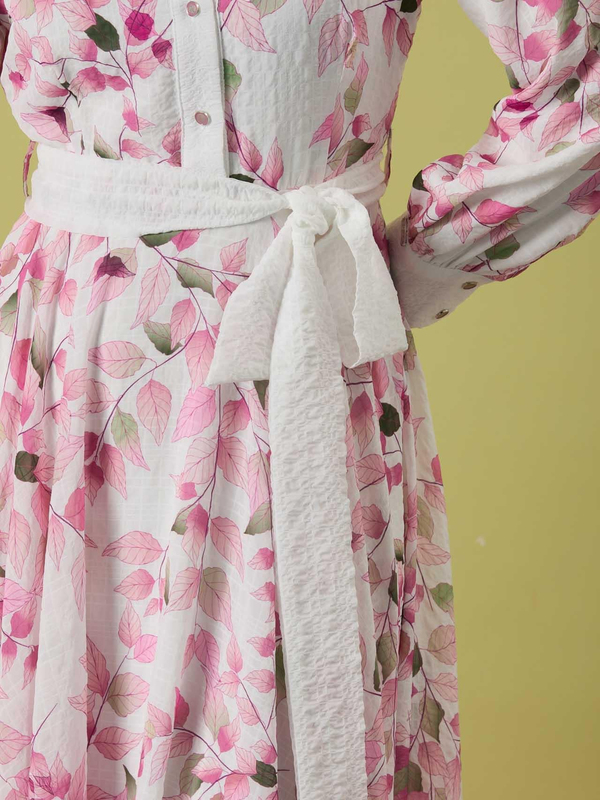 A50305 Aguaje Desenli Beli Kuşaklı Elbise / PEMBE