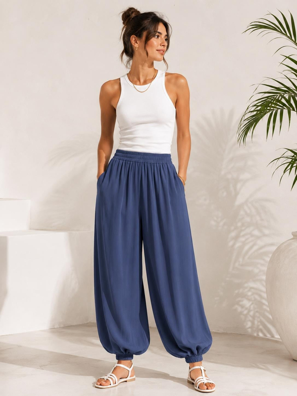 A60066 Aguaje Beli Lastikli Şalvar Pantolon / İNDİGO