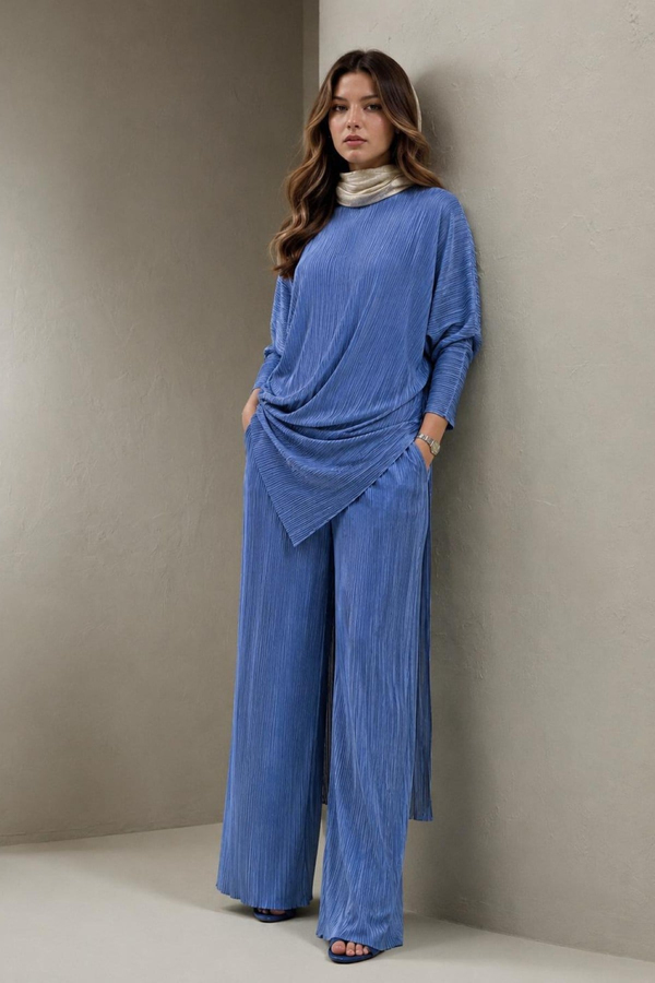 A40066 Aguaje Pilise Detaylı Bağlamalı  Tunik Pantolon Takım / MAVİ