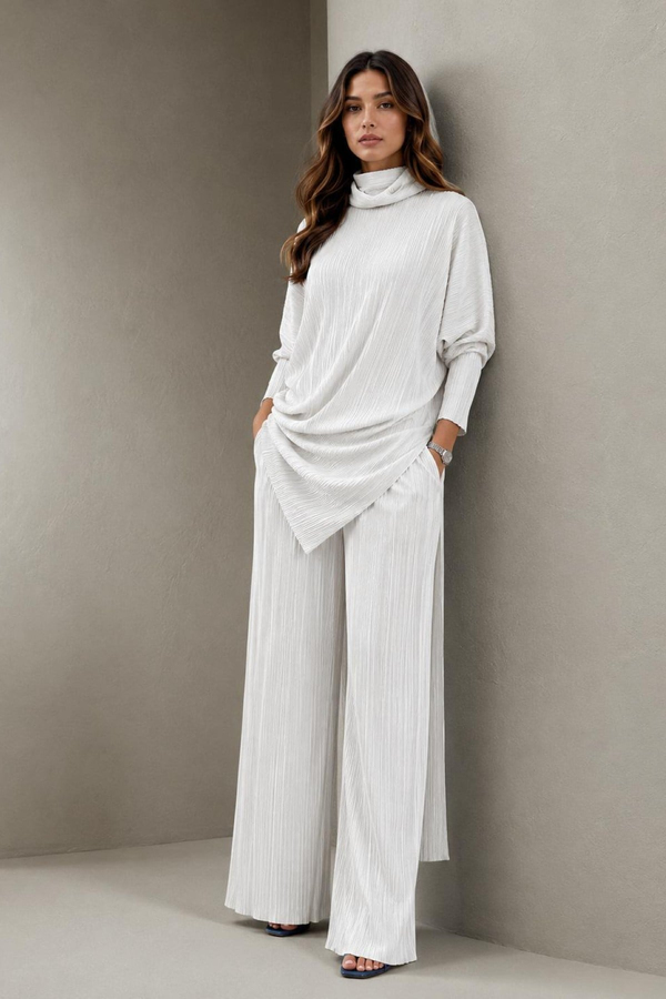A40066 Aguaje Pilise Detaylı Bağlamalı  Tunik Pantolon Takım / BEYAZ