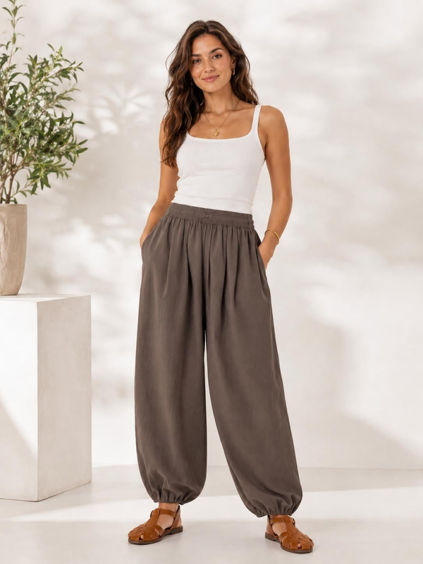 A60066 Aguaje Beli Lastikli Şalvar Pantolon / KAHVE