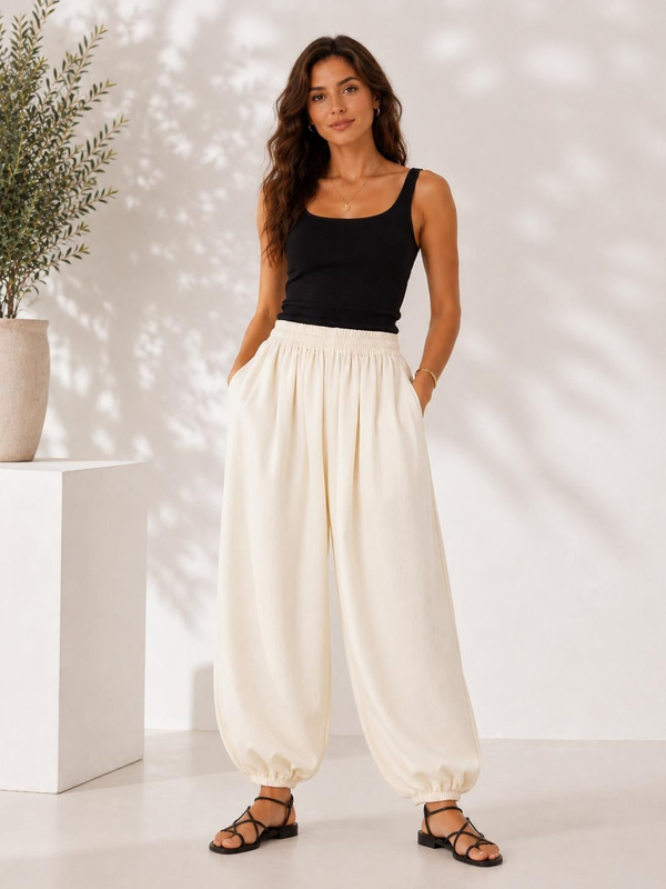 A60066 Aguaje Beli Lastikli Şalvar Pantolon / EKRU