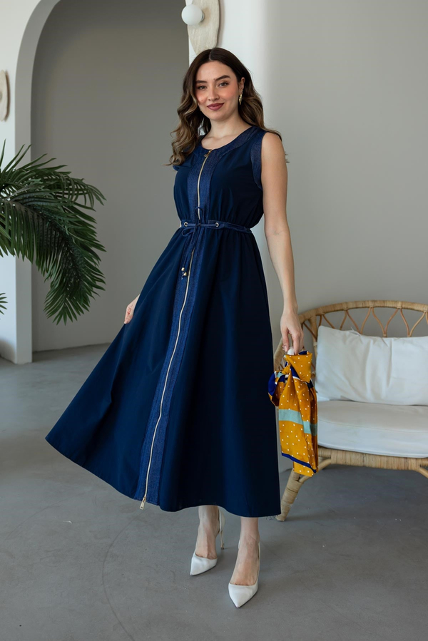 Denim Detaylı Elbise - LACİVERT