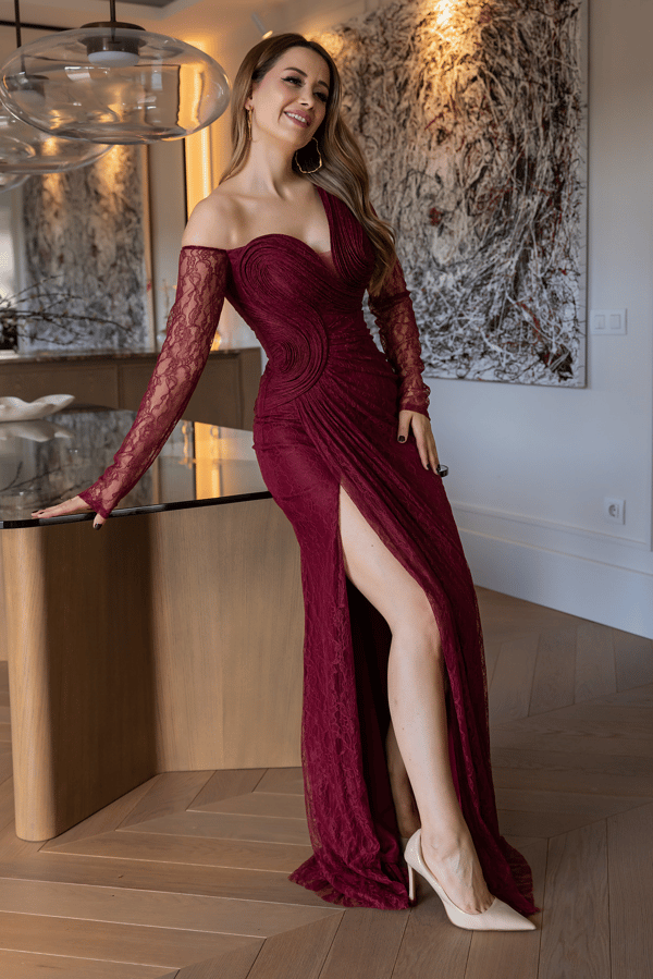 Göğüs Detaylı Dantel Abiye - BORDO