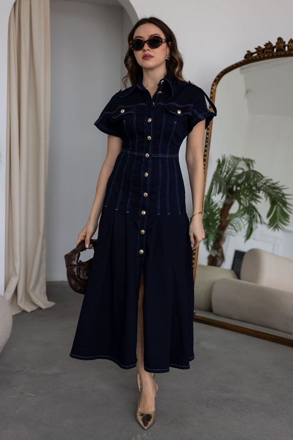 Gömlek Yaka Denim Elbise - LACİVERT