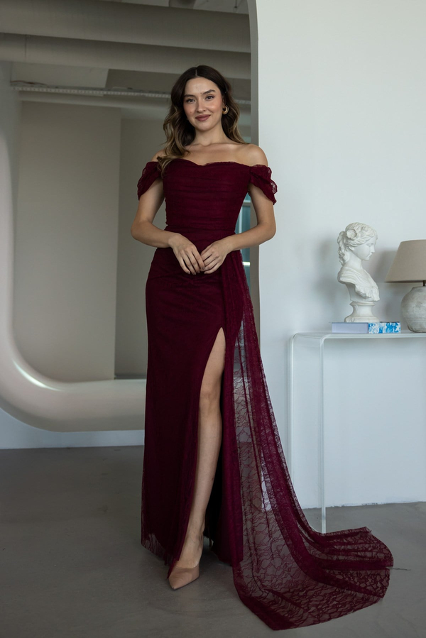Kayık Yaka Dantelli Abiye - BORDO