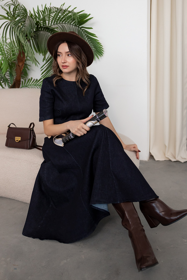 Kısa Kollu Denim Elbise - LACİVERT