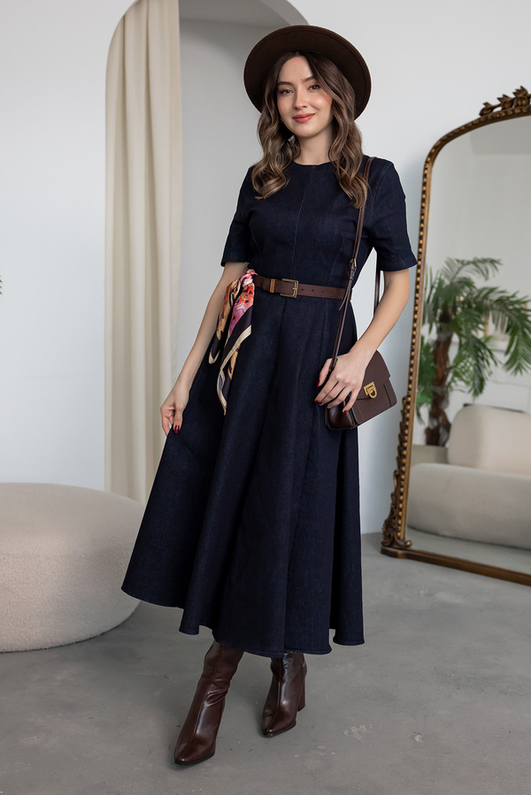 Kısa Kollu Denim Elbise - LACİVERT