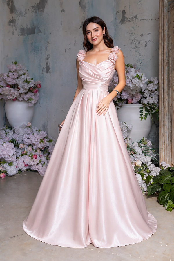 Omuz Gül Detaylı Saten Abiye - PEMBE