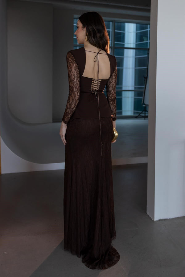 Peplum Detaylı Dantel Abiye - KAHVERENGİ