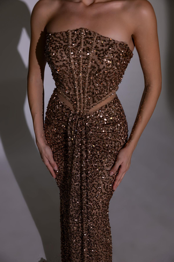 Straplez Bel Transparan Abiye - BRONZ