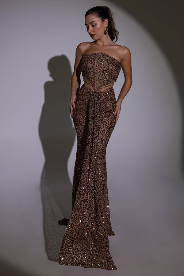 Straplez Bel Transparan Abiye - BRONZ