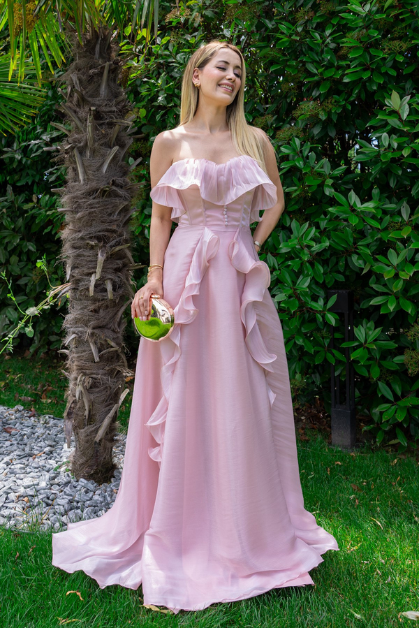 Volanlı Düğme Detay Abiye - PEMBE