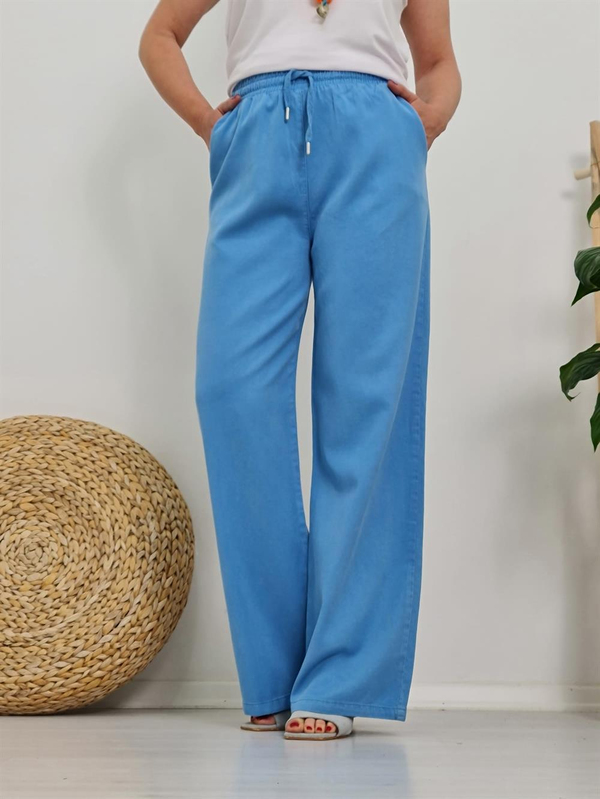 FELİX10170 Bol Paça Tencel Dökümlü Mavi Pantolon