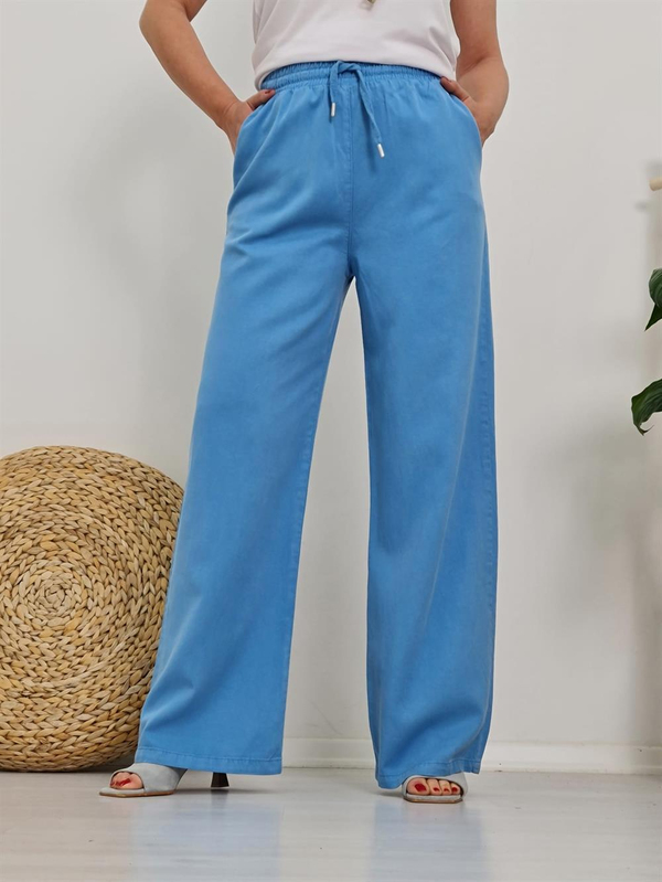 FELİX10170 Bol Paça Tencel Dökümlü Mavi Pantolon