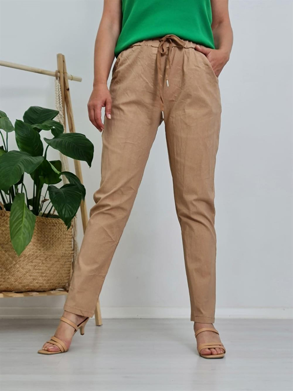 FELİX10311 Bel Lastikli Bağlamalı Camel İthal Pantolon
