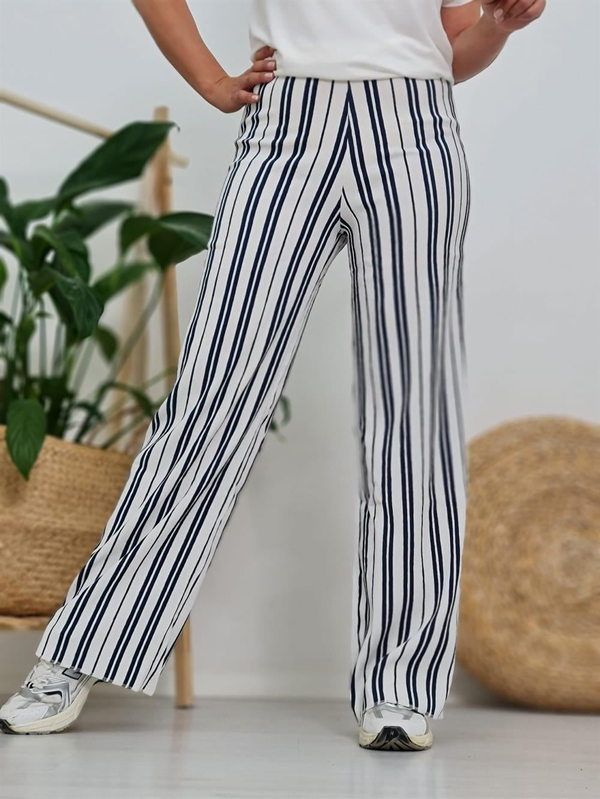 FELİX10352 Bol Paça Lacivert Çizgili Ekru Pantolon