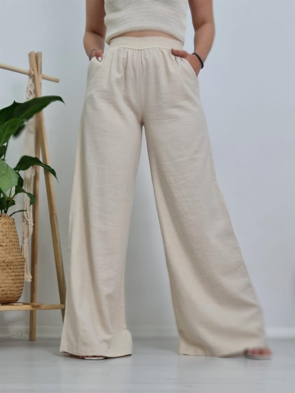 FELİX10383 Bel Lastikli Bol Paça Bej Pantolon