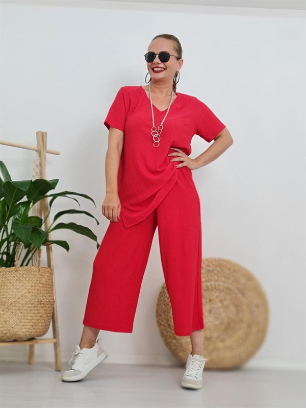 FELİX10404 Krinkıl Kırmızı Capri Takım