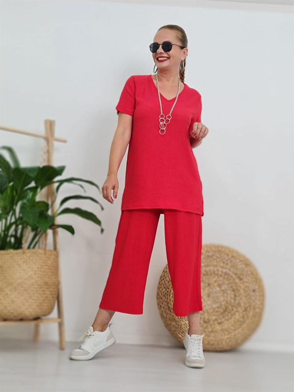 FELİX10404 Krinkıl Kırmızı Capri Takım