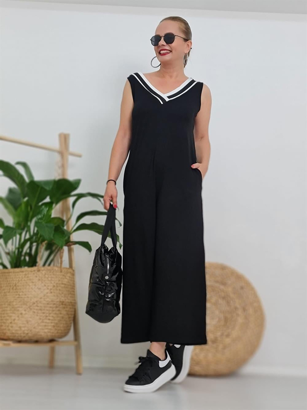 FELİX10409 V Yaka Ribana Detaylı Siyah Tulum