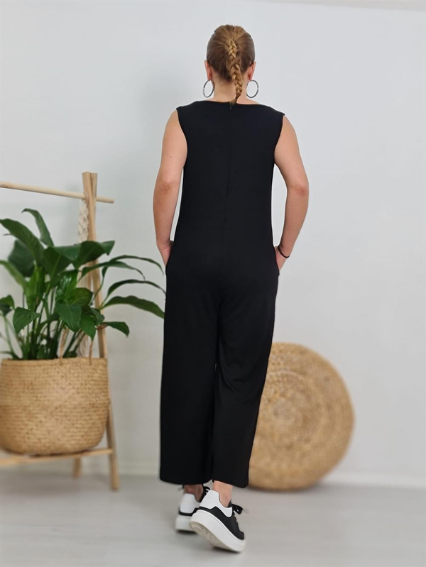 FELİX10409 V Yaka Ribana Detaylı Siyah Tulum